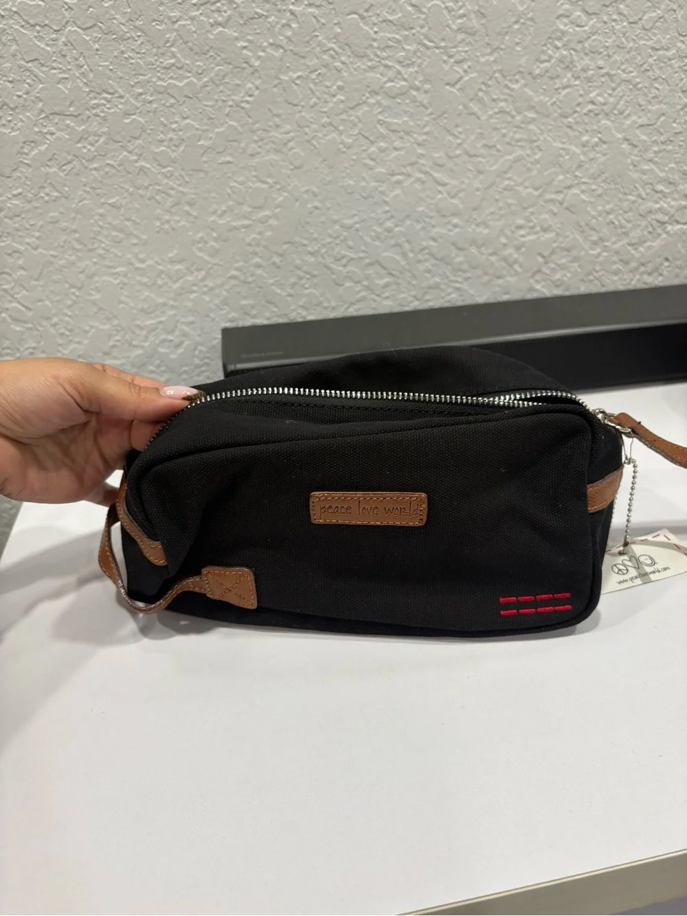 Peace Love World Black Canvas Cosmetic Case with Tan Accents